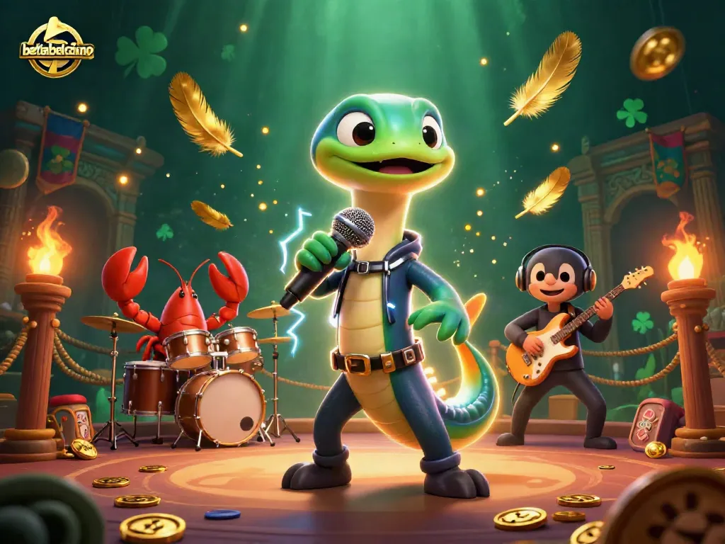 Experience the vibrant underwater casino atmosphere of betlabelcasino with a cartoon eel DJ and musicians.