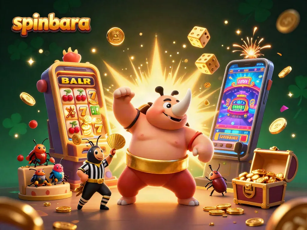 Spinbara casino scene featuring a beetle champion and jackpot symbols launch coins.