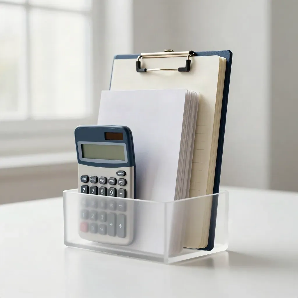 Kit de auditoría Pyme en acrílico esmerilado con calculadora y tarjetas blancas sobre fondo blanco.