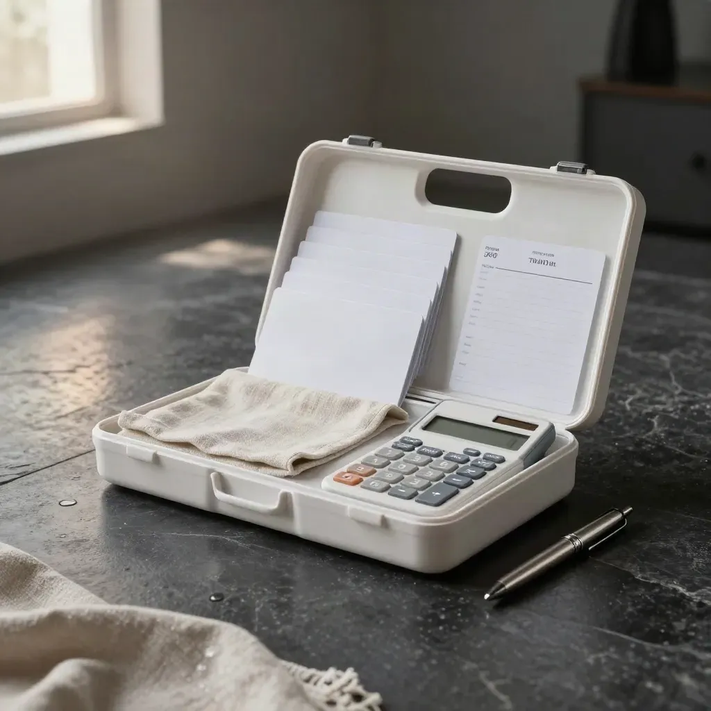 Kit premium de diagnóstico Pyme 360 sobre base grafito con tarjetas, calculadora y luz dramática.