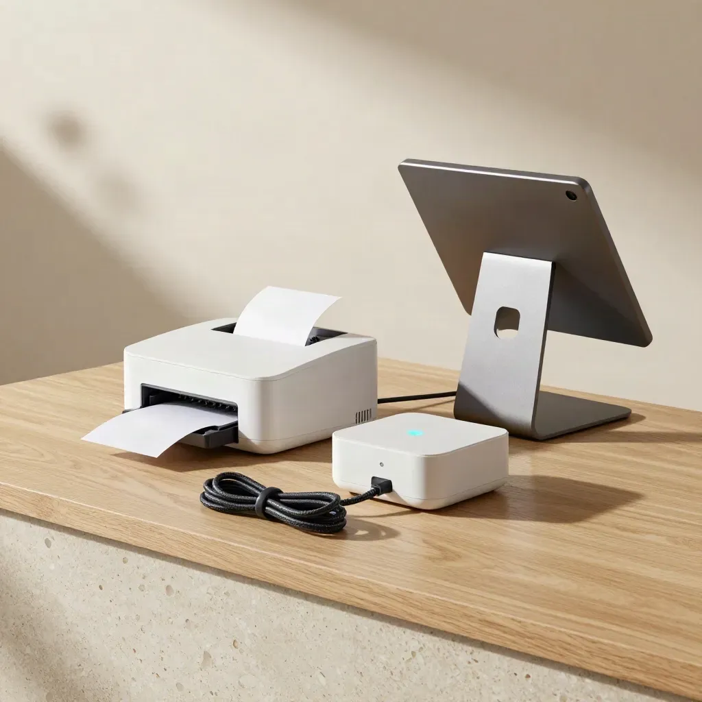 Kit digital para pymes con impresora de tickets, hub de pago y tablet en un entorno luminoso.
