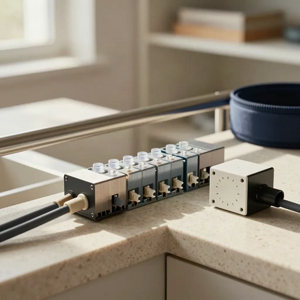 Kit de automatización con relés, pucks y cables sobre travertino, en luz suave.