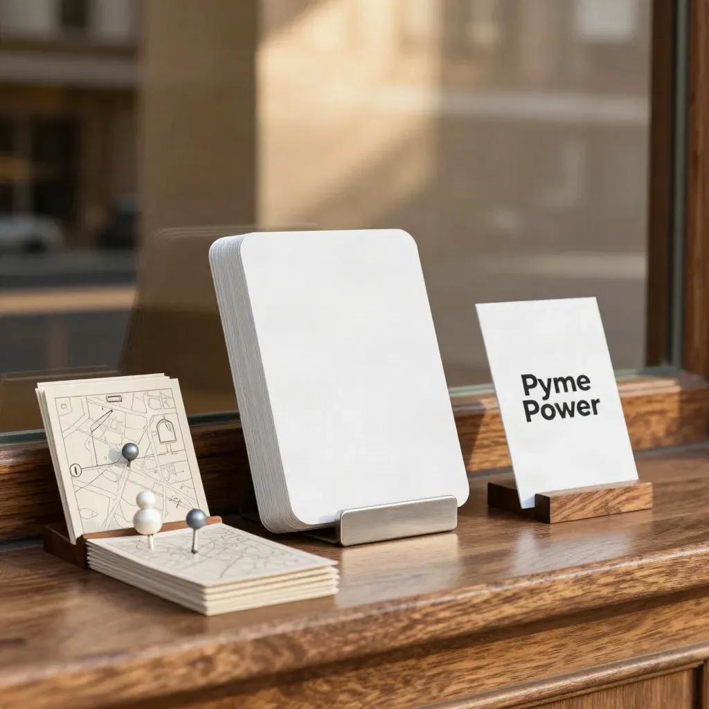 Kit de anuncios locales con tarjetas desplegadas, soporte de móvil y fichas sobre mostrador cálido