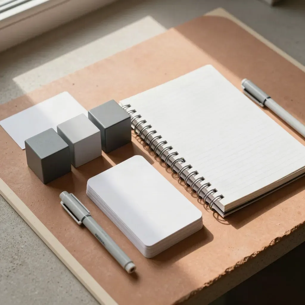 Flatlay de formación para pyme con cubos modulares, tarjetas, libreta y rotuladores sobre terracota.