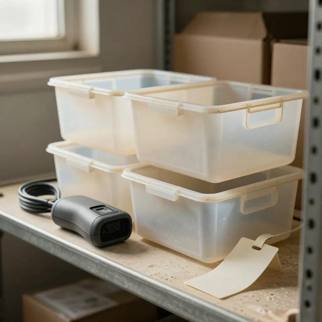 Kit de control de stock con cajas apilables, lector compacto y cable en un almacén luminoso.