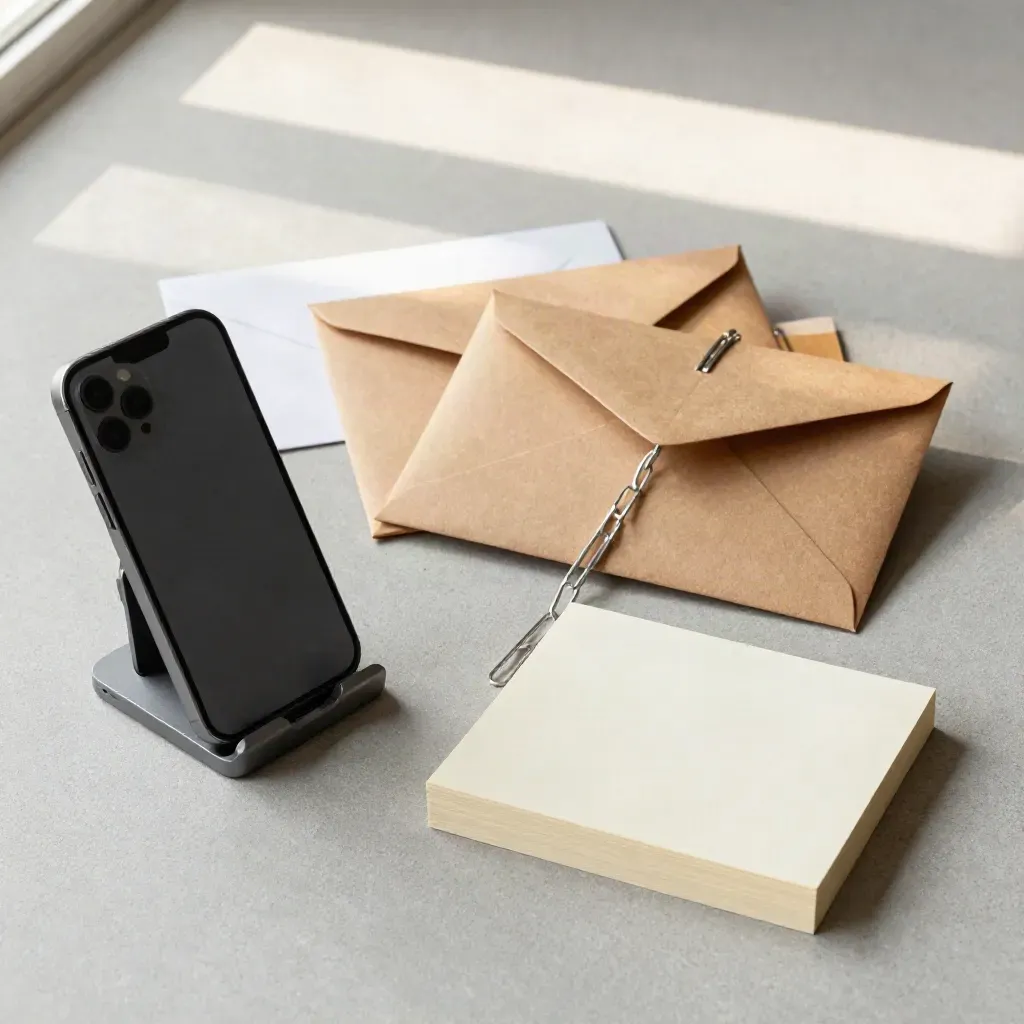 Flatlay de kit de email para pymes con soporte móvil, sobres, tarjetas y cadena de clips.