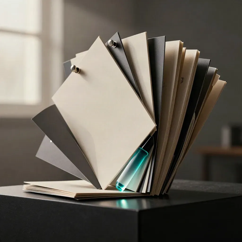 Tarjetas de plan social local con marcadores turquesa y luz dramática en estudio.