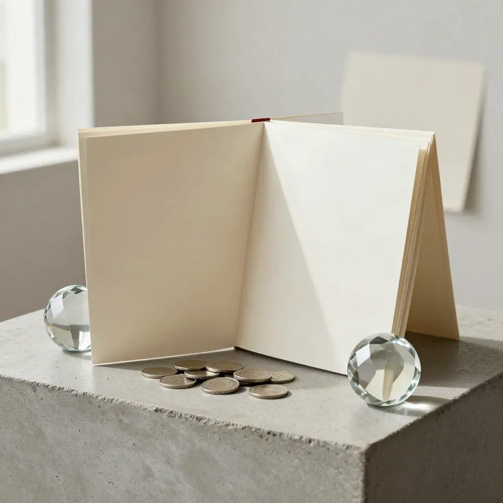 Carpeta crema con fundas, fichas metálicas y un peso de vidrio sobre base de hormigón.