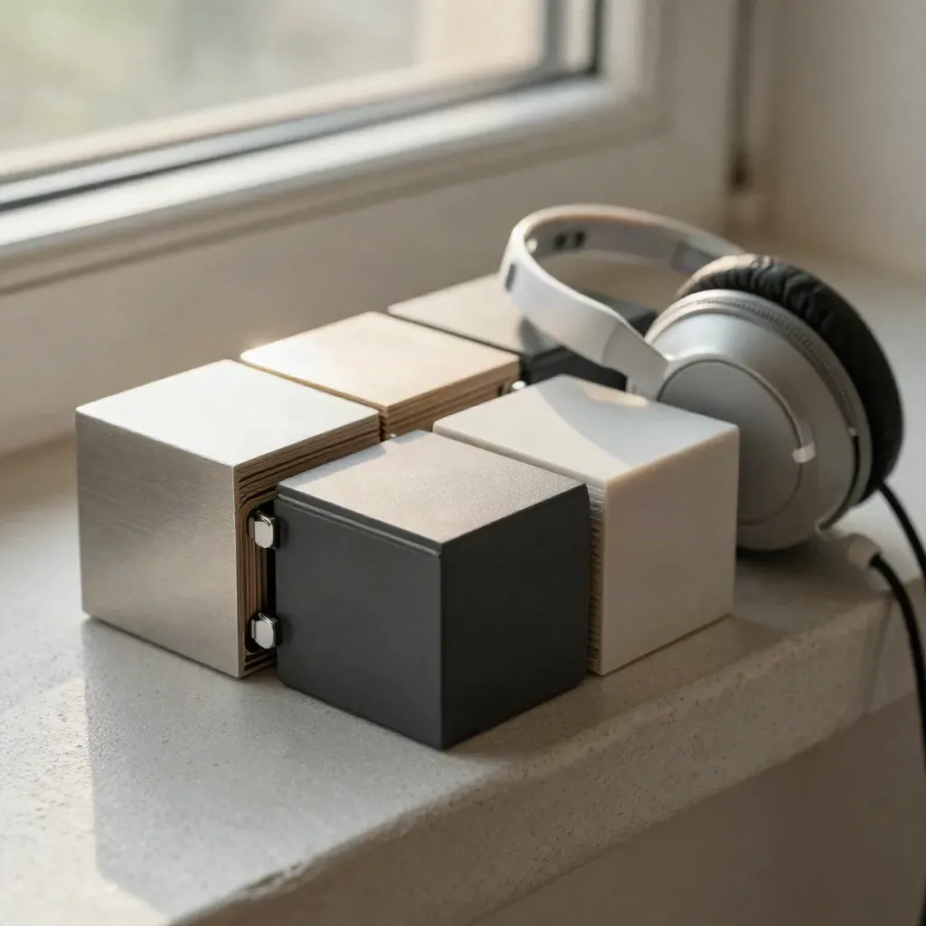 Macro de cubos modulares de formación CRM y disco de auriculares sobre yeso claro.