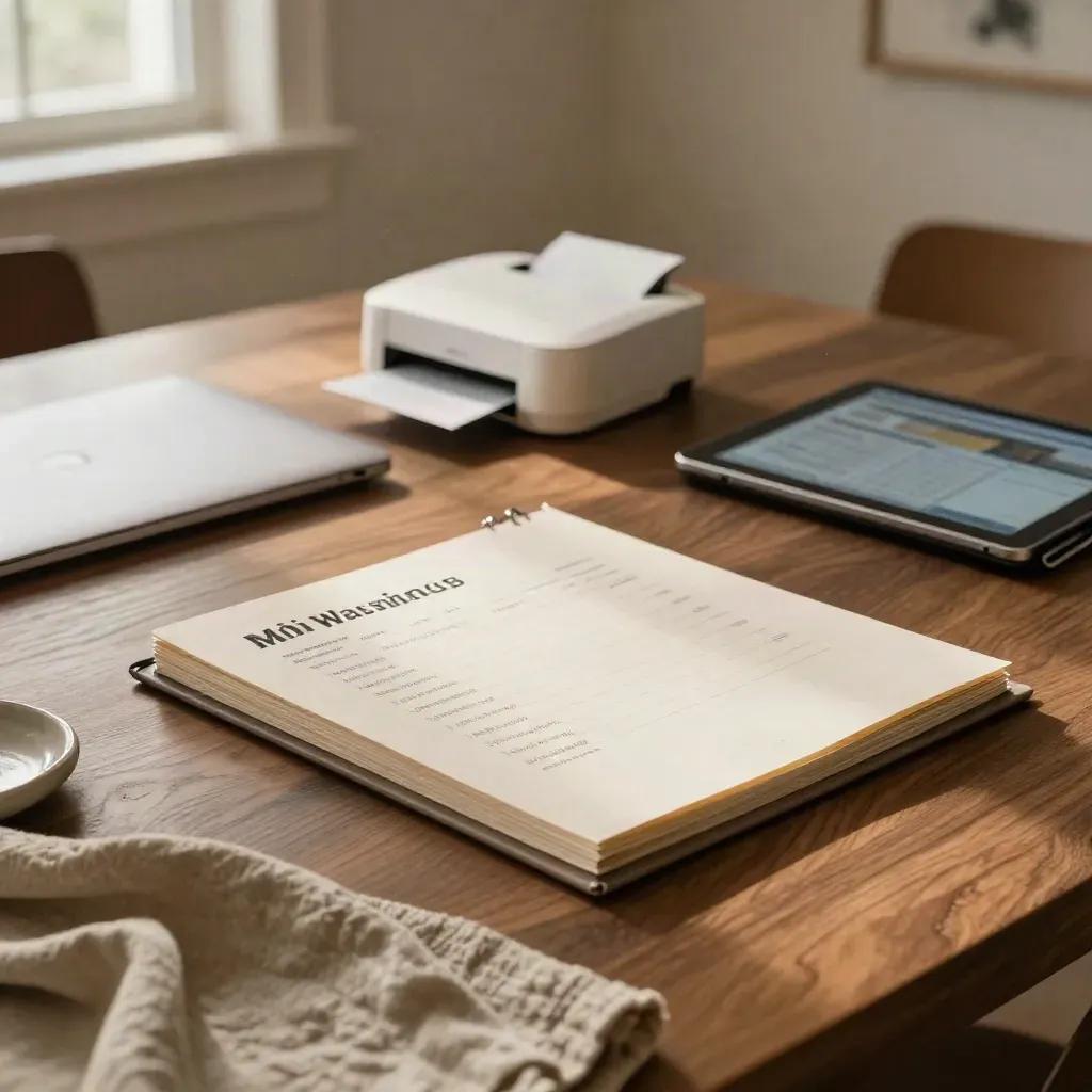 Mesa de nogal en oficina cálida con carpetas, portátil y luz suave para facturación simple.