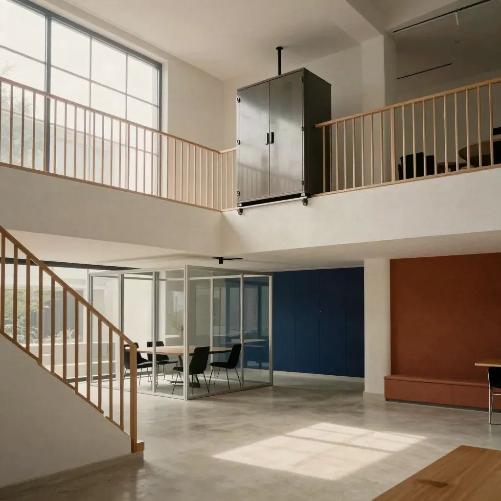 Atrio de oficina luminoso con escalera, luz suave y espacio limpio para titular