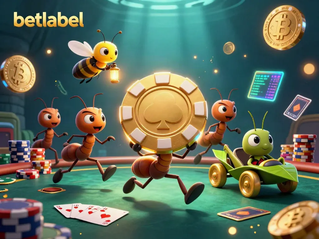 Engage in thrilling poker action with betlabel's energetic heist scene featuring cartoon ants and crypto elements.