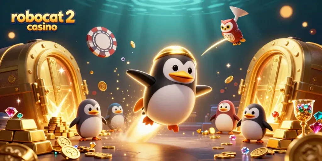Play exciting games at robocat 2 casino with our golden penguin mascot leading the way!