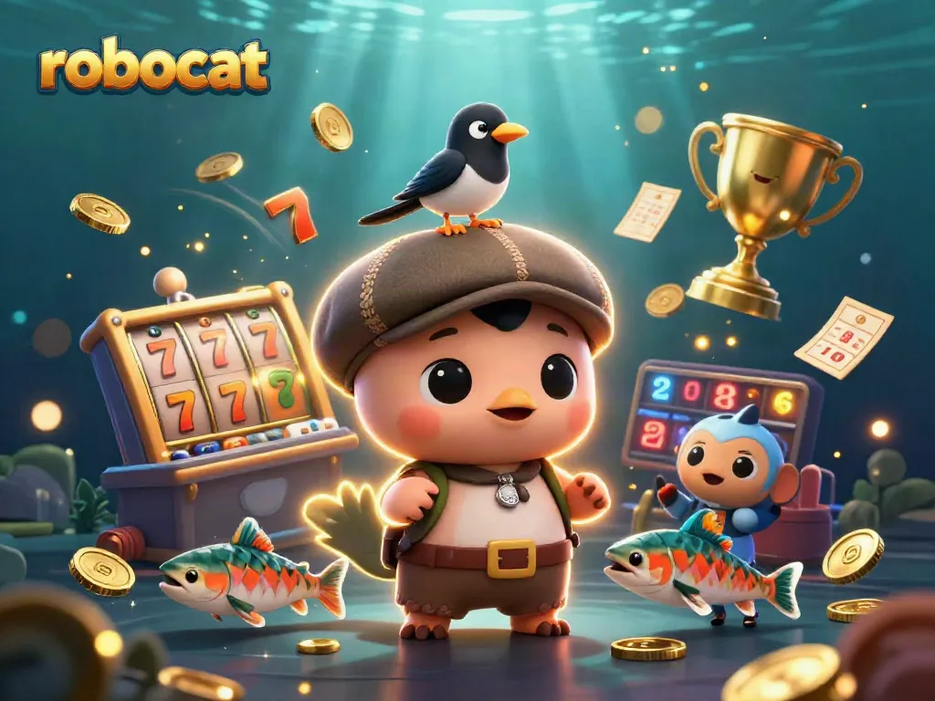 Experience thrilling slots action with robocat characters amidst a vibrant casino atmosphere.